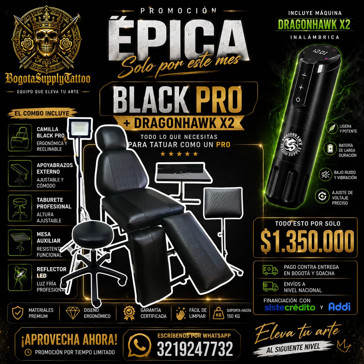 Combo Camilla Black Pro + máquina inalámbrica Dragonhawk X2